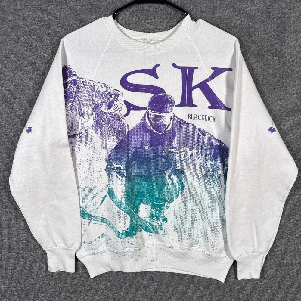 Vintage Blackjack Ski Sweatshirt Men M White Graphic All Over Pullover 90s Retro